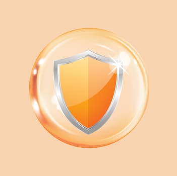 Orange shield icon encased in a transparent bubble on a peach background