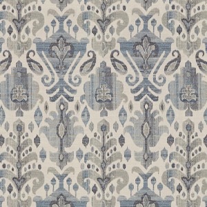 Patterned wallpaper with symmetrical blue and gray ornamental designs