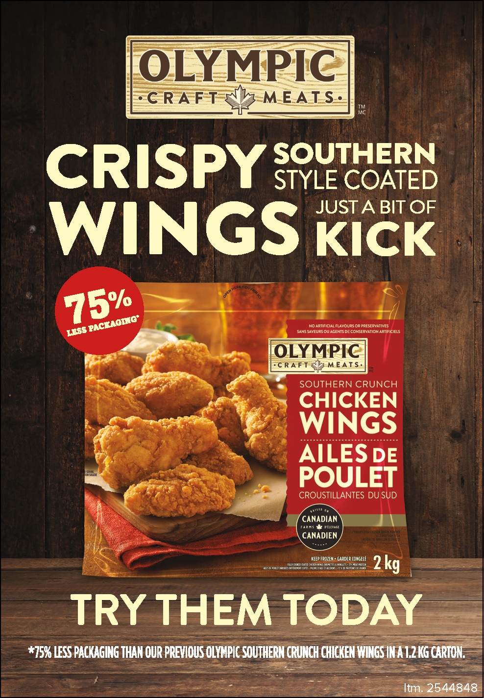 Ad for Olympic Crafty Meats crispy southern style coated chicken wings, featuring product packaging and text "Try Them Today"