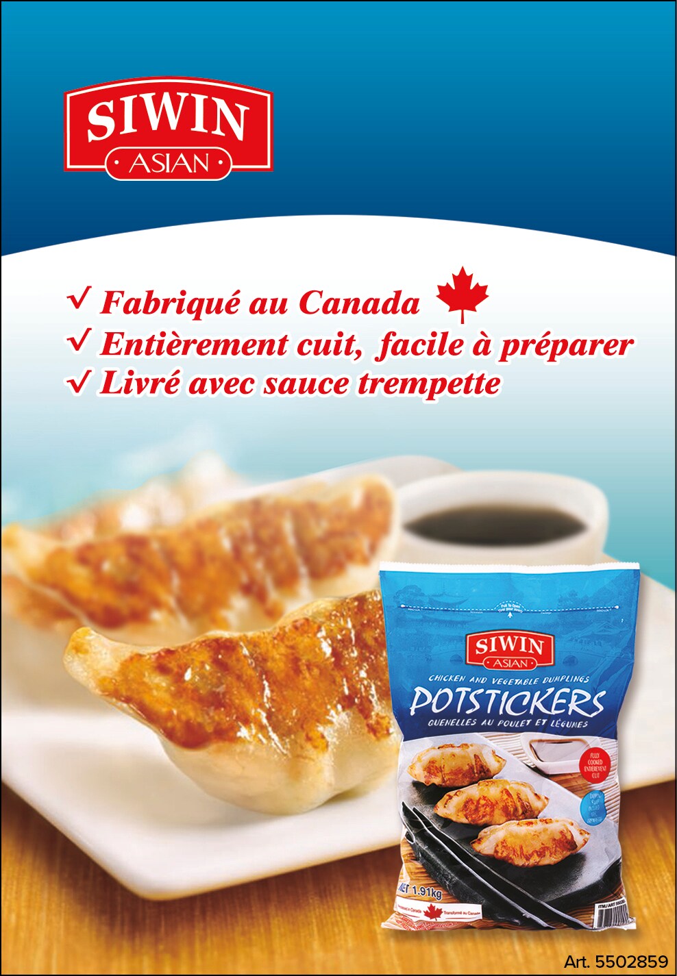 Publicité pour Potstickers Siwin, emballage visible, raviolis sur assiette avec sauce, avec drapeau canadien