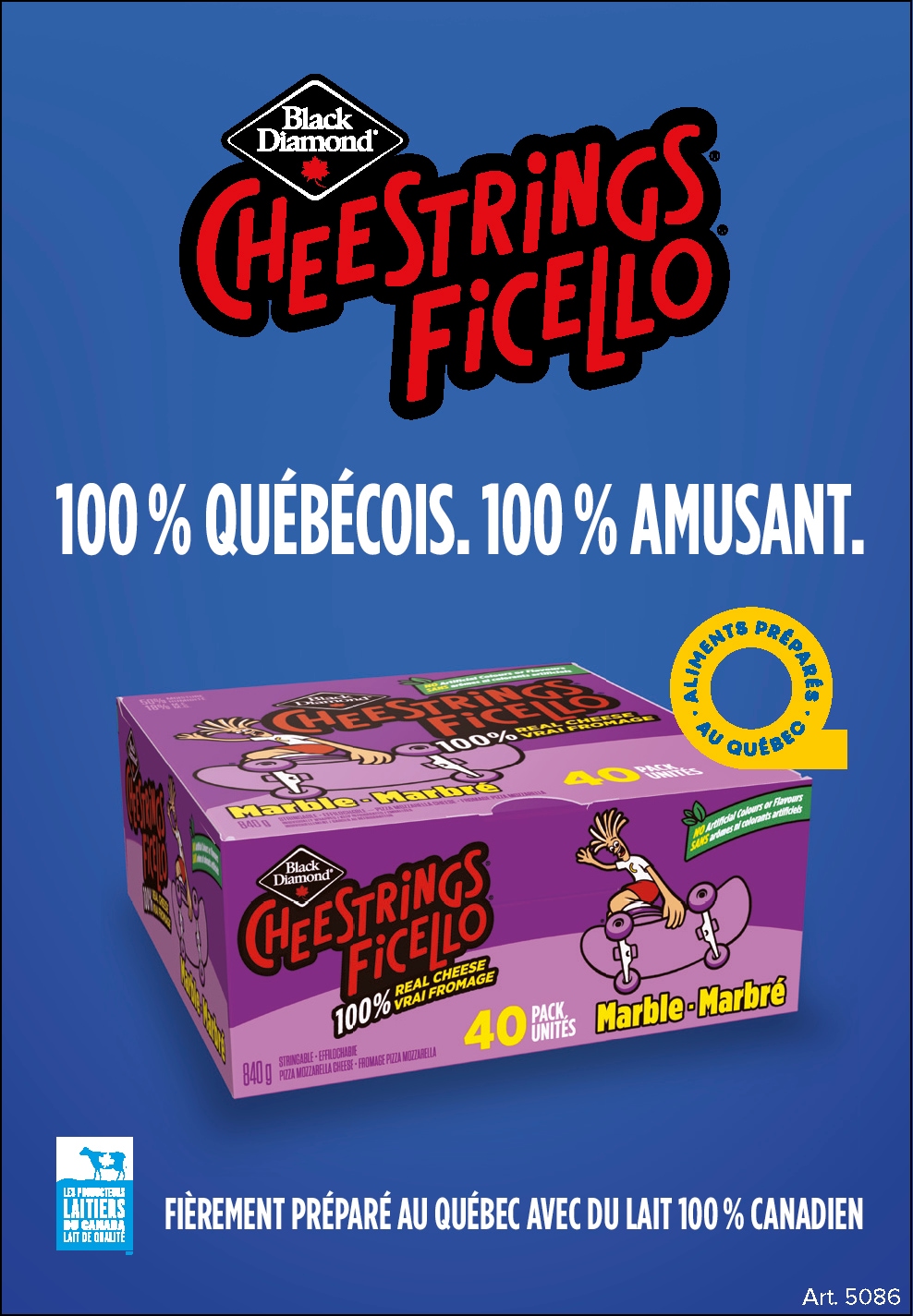 Publicité pour Cheestrings Ficello, 100% québécois, en boîte de 40, présentée sur fond bleu