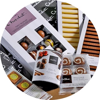 Circular array of assorted chocolate packaging designs