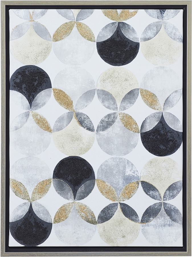 Abstract geometric art with dark, light, and metallic circles forming overlapping patterns