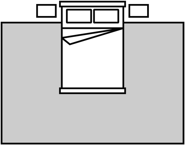 Black and white icon of a building facade with a door and two windows