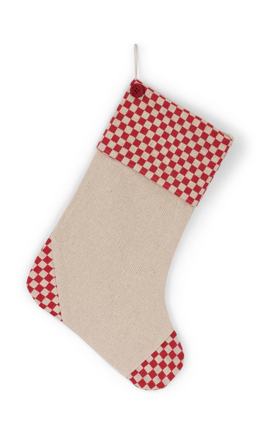 A tan Christmas stocking with red and white checkered trim, hanging against a white background
