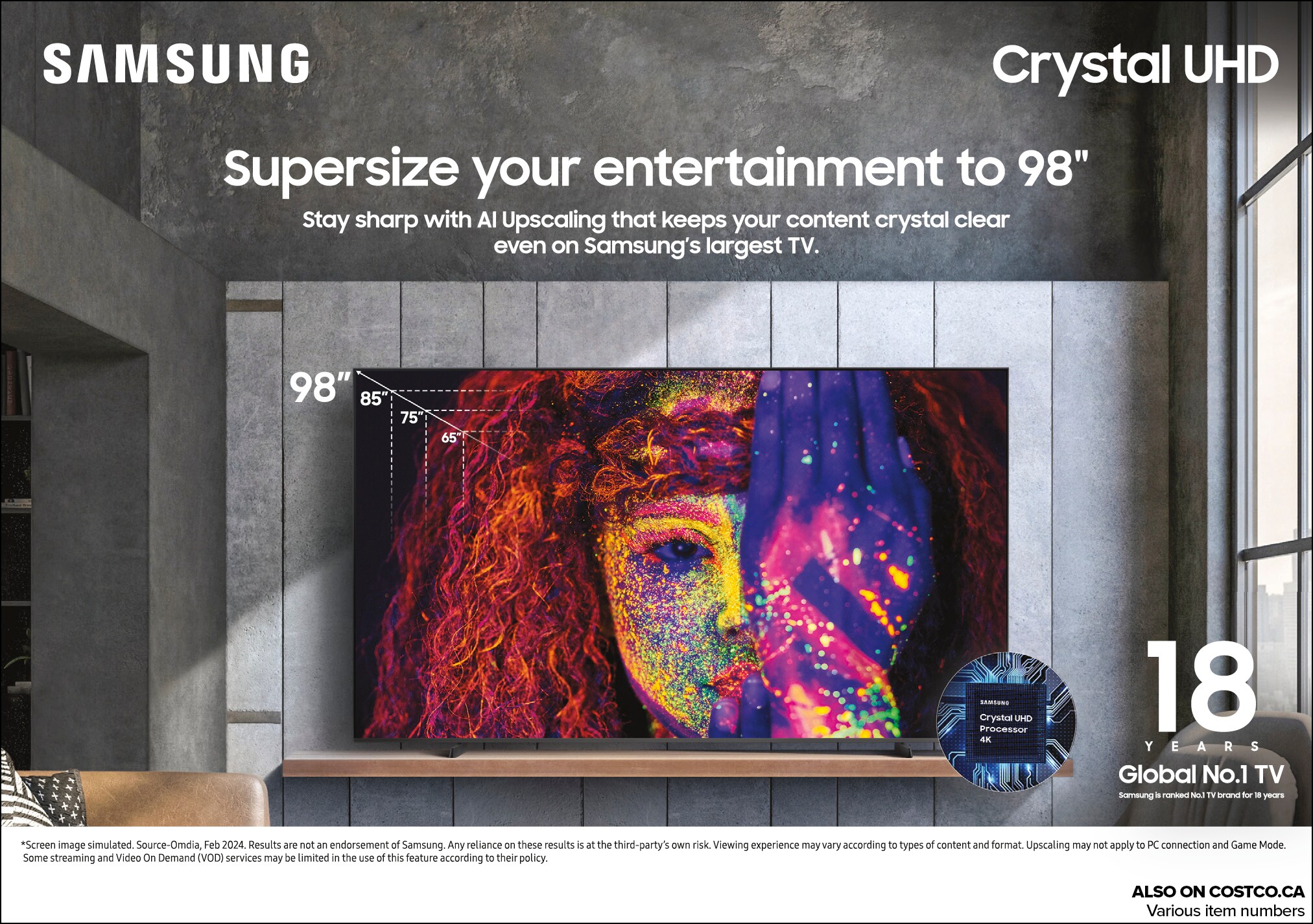 Ad for Samsung 98-inch Crystal UHD TV, featuring vibrant display of colorful artwork on screen
