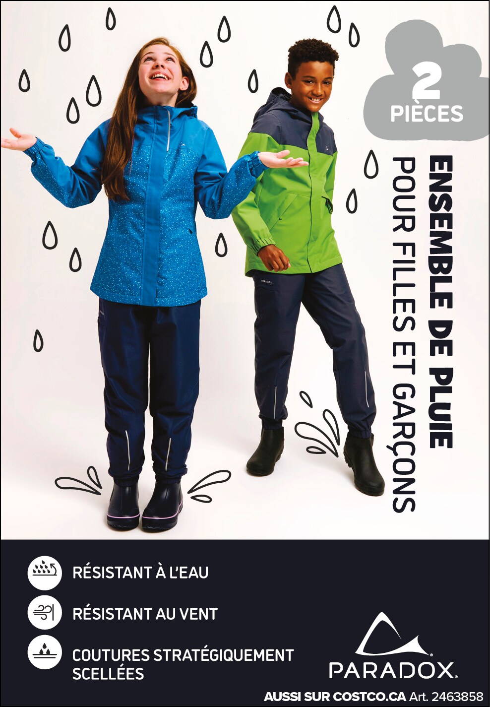 Publicité pour ensembles de pluie Paradox pour filles et garçons, coupe étanche et coutures scellées