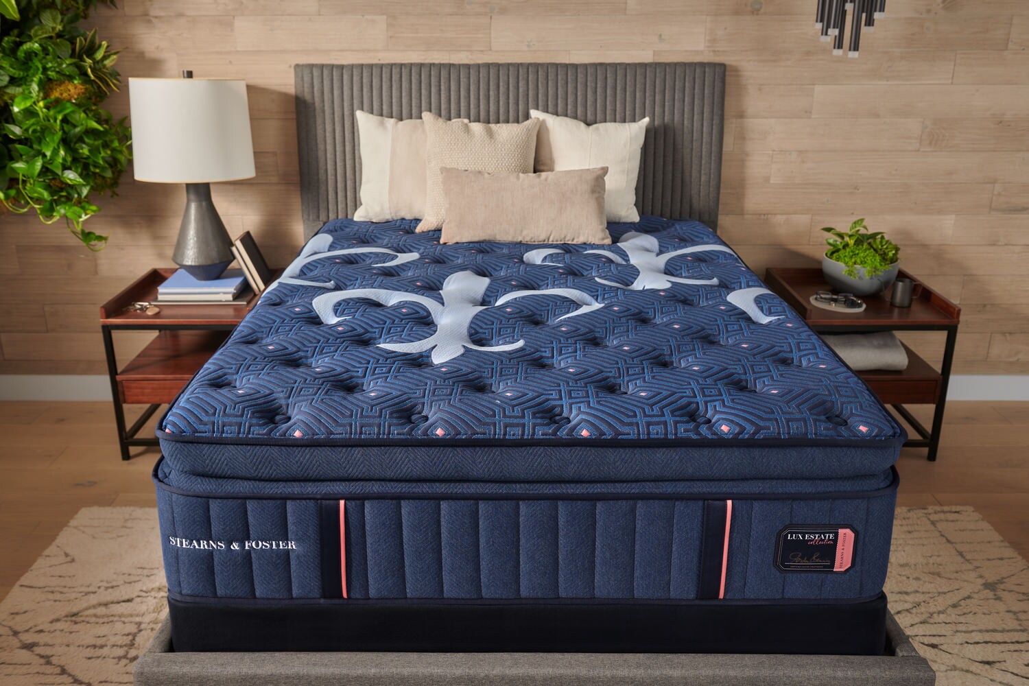 Luxury blue mattress with pillows in a stylish bedroom setting