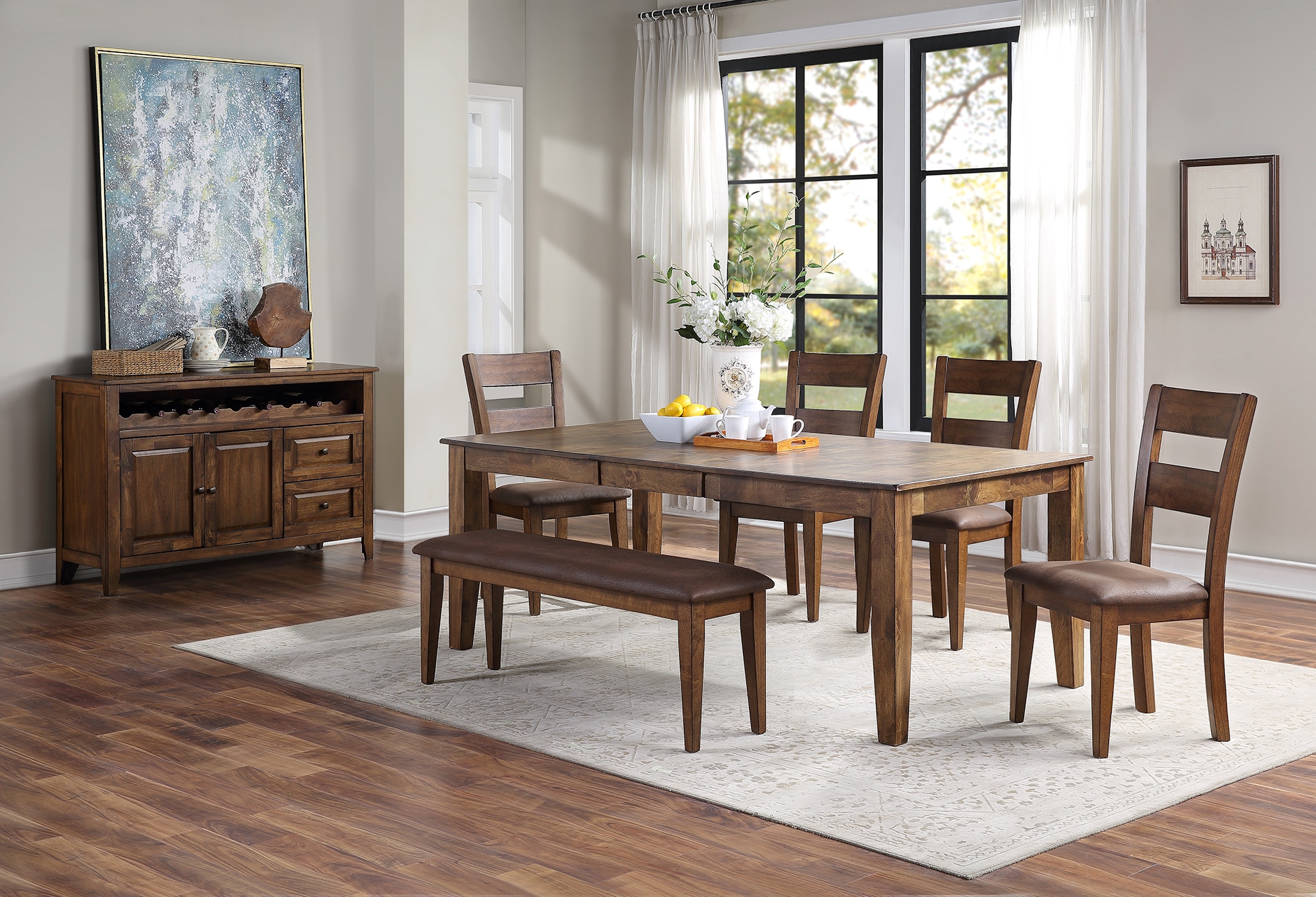 Modern dining room with a wooden table, chairs, and a sideboard by a large window