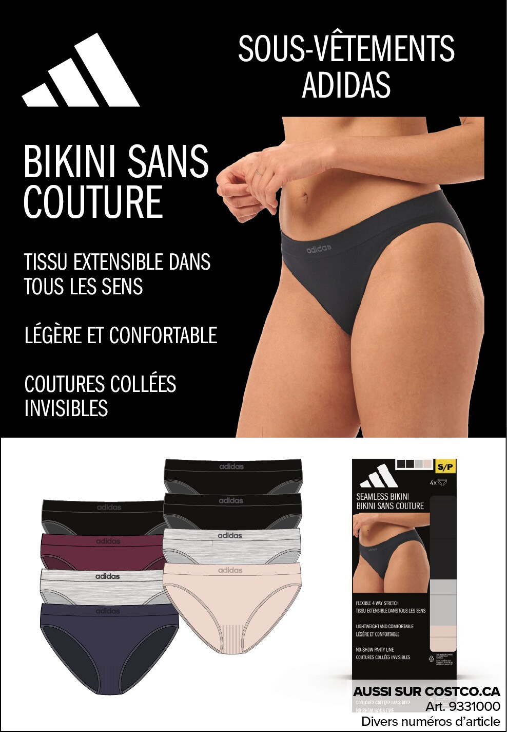 Publicité pour sous-vêtements Adidas, avec modèle montrant un bikini noir et différentes couleurs disponibles. Disponible sur Costco.ca