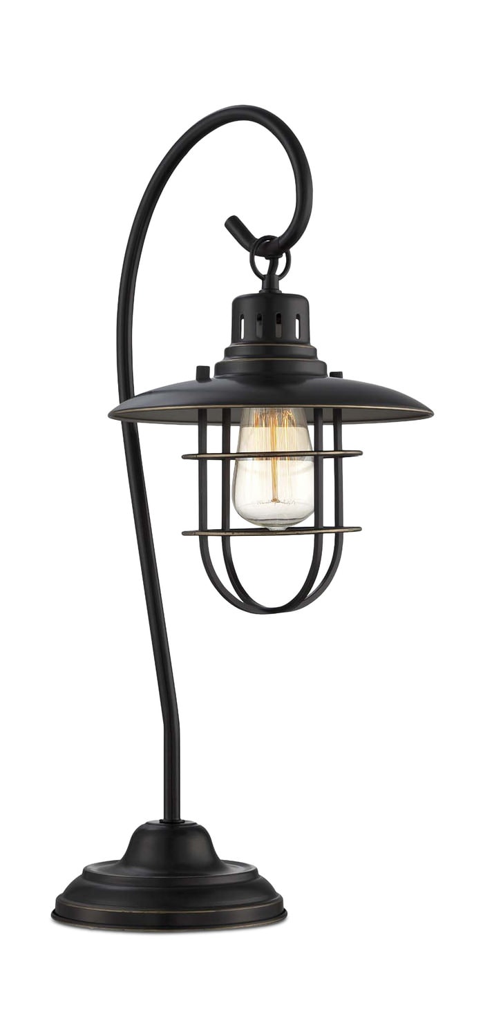 Black vintage-style table lamp with a curved neck and caged bulb