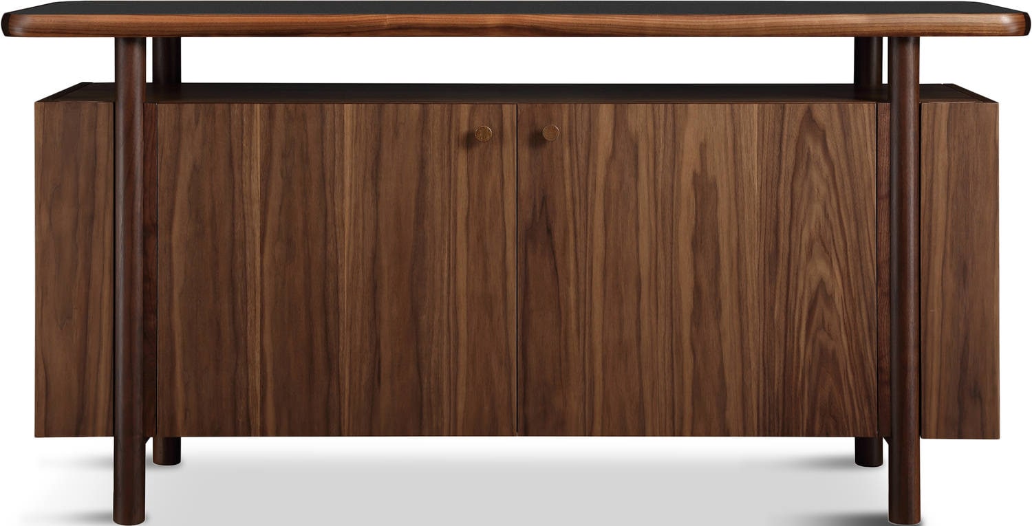 Dark wooden sideboard with two doors and an upper shelf, set against a white background