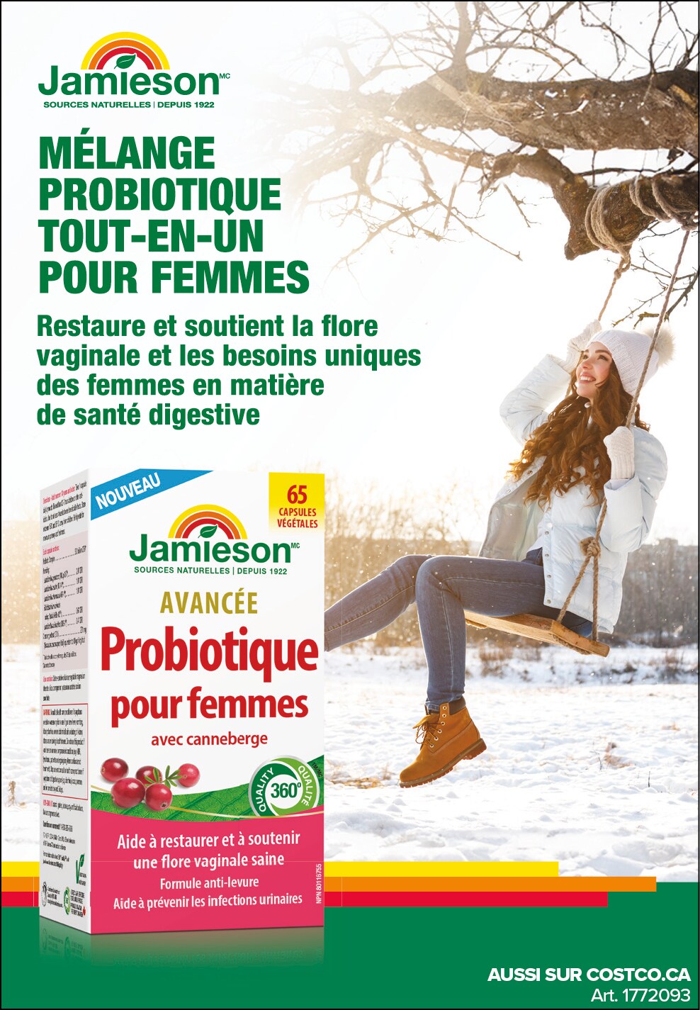 Publicité pour le probiotique tout-en-un pour femmes de Jamieson, avec une femme souriante sous un arbre en hiver