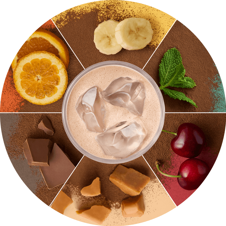 Chocolate smoothie surrounded by ingredients like orange, banana, mint, cherry, and chocolate pieces