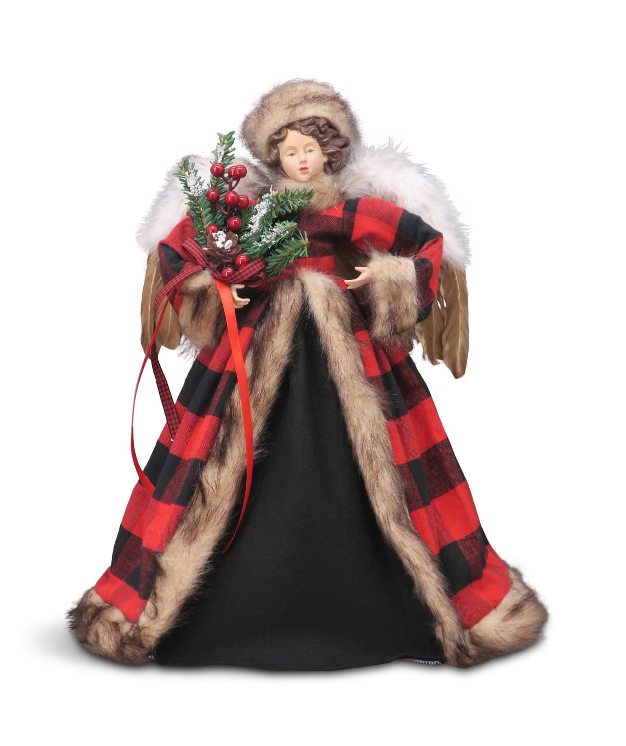 Christmas angel figurine in plaid robe and fur trim holding a festive bouquet