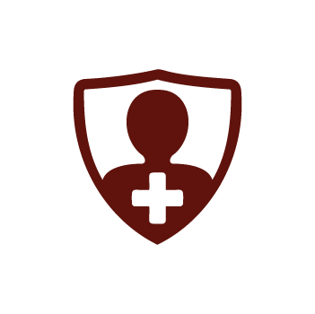 Red medical logo with a shield, cross, and person silhouette