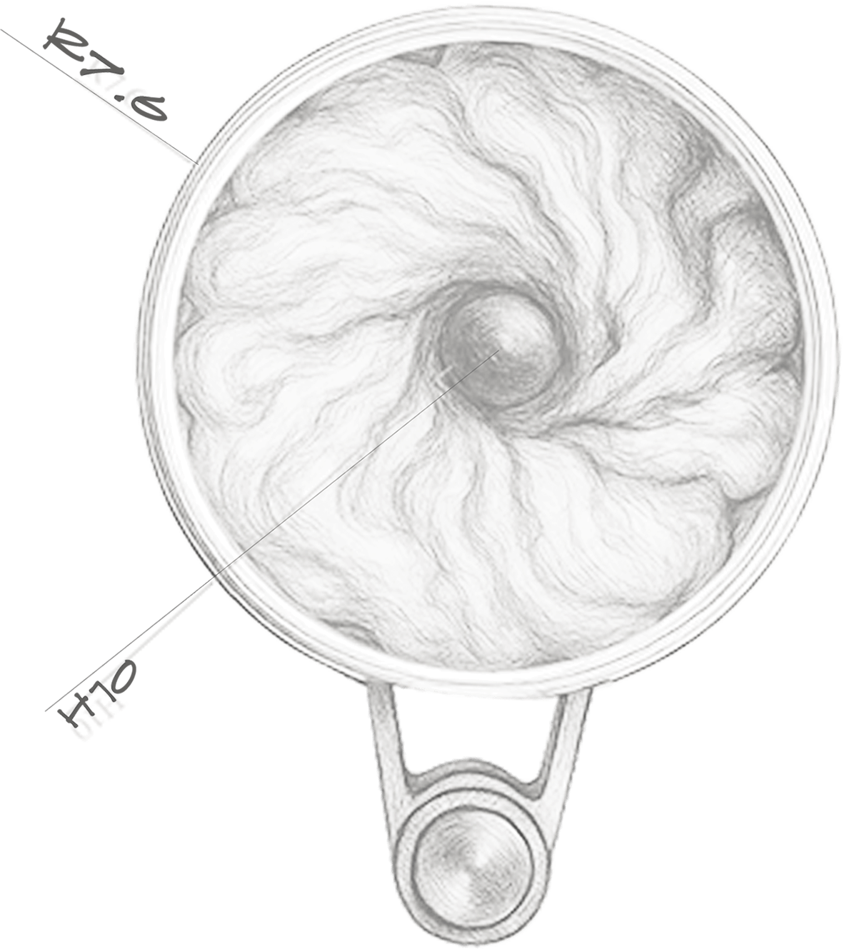 Sketch of a swirling cloud pattern inside a magnifying glass