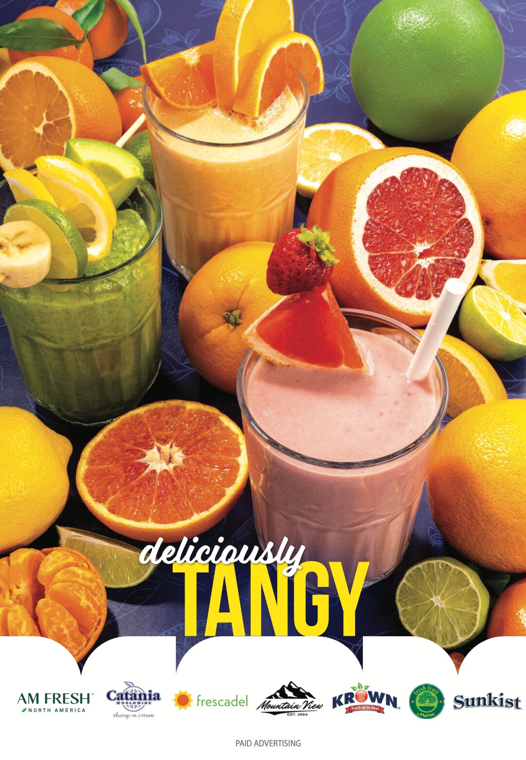 Ad for various fruit juices featuring glasses of juice surrounded by fresh fruits, labeled "deliciously tangy" with logos like AM FRESH, CitrusCo, Sunkist