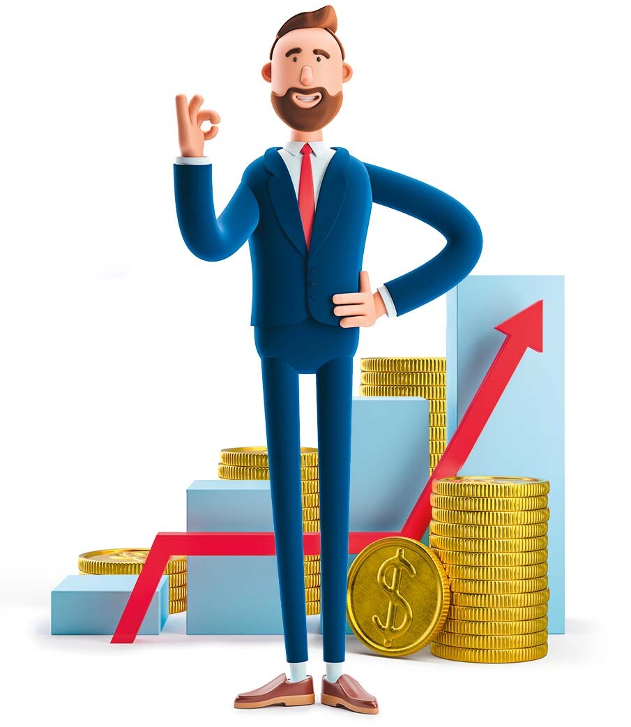 Homme d'affaires joyeux avec graphique en hausse et pièces d'or