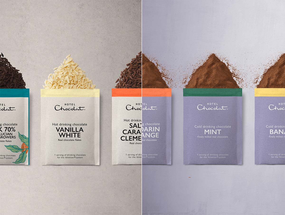 Variety of chocolate bars with flavor ingredients piled on top, split by a vertical line