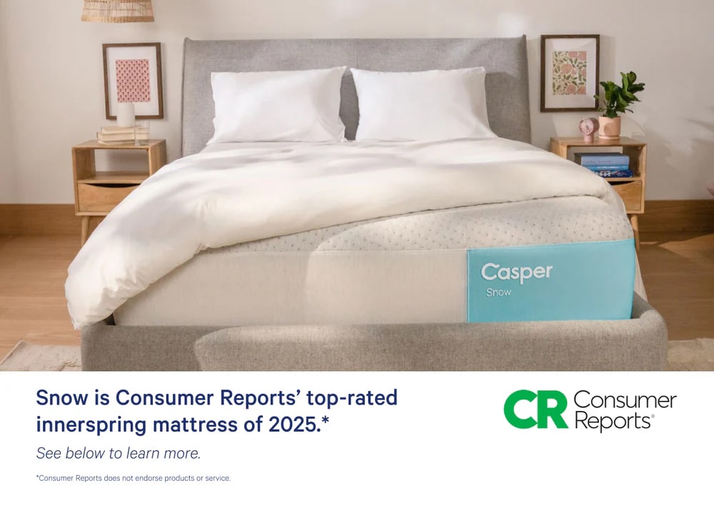 Ad for Casper mattress in a cozy bedroom, labeled as top-rated by Consumer Reports in 2025