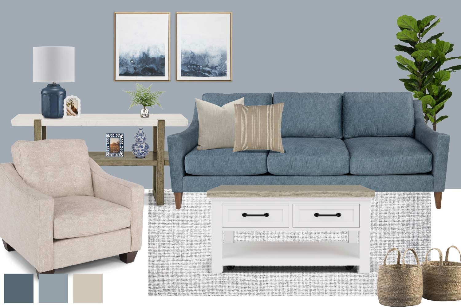 Modern living room setup with a blue sofa, beige armchair, coffee table, lamp, and decorative plants