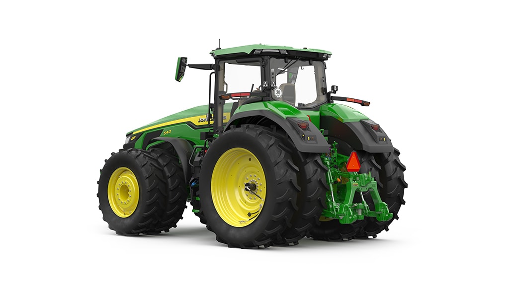 Green tractor with yellow wheels, facing left, on a white background