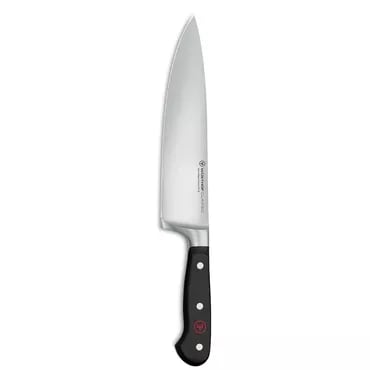 Wusthof Classic Chefs kitchen knife with a black handle and a silver blade