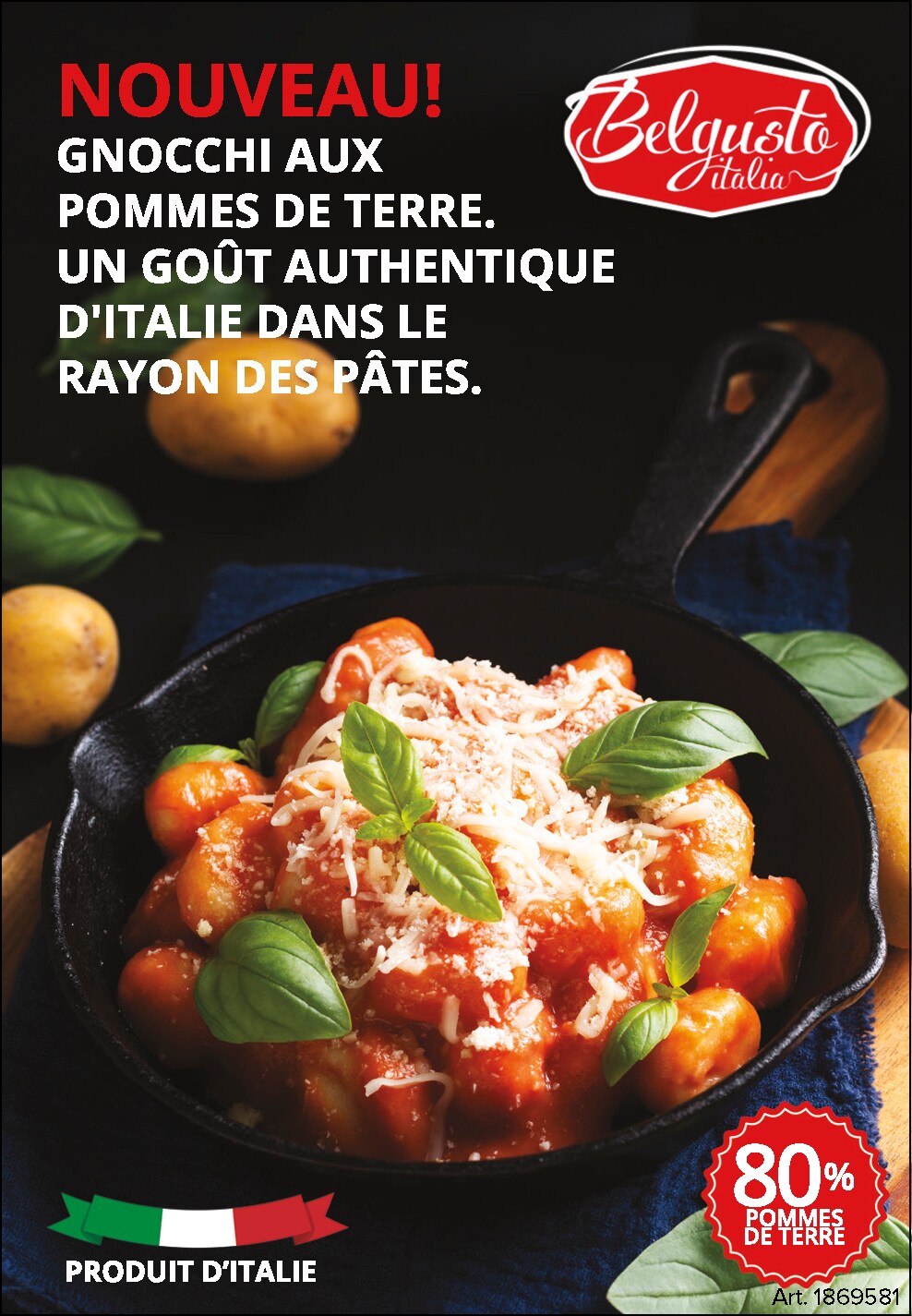 Ad for Belyusto potato gnocchi, served in skillet, topped with sauce and cheese, labeled as an authentic Italian taste