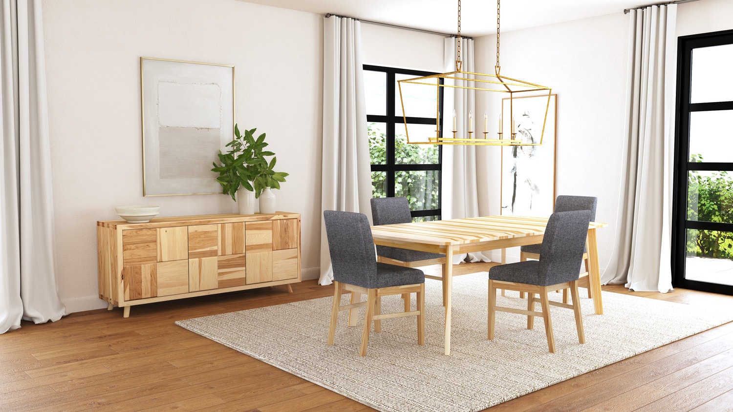 Modern dining room with a wooden table, chairs, chandelier, and minimalistic decor