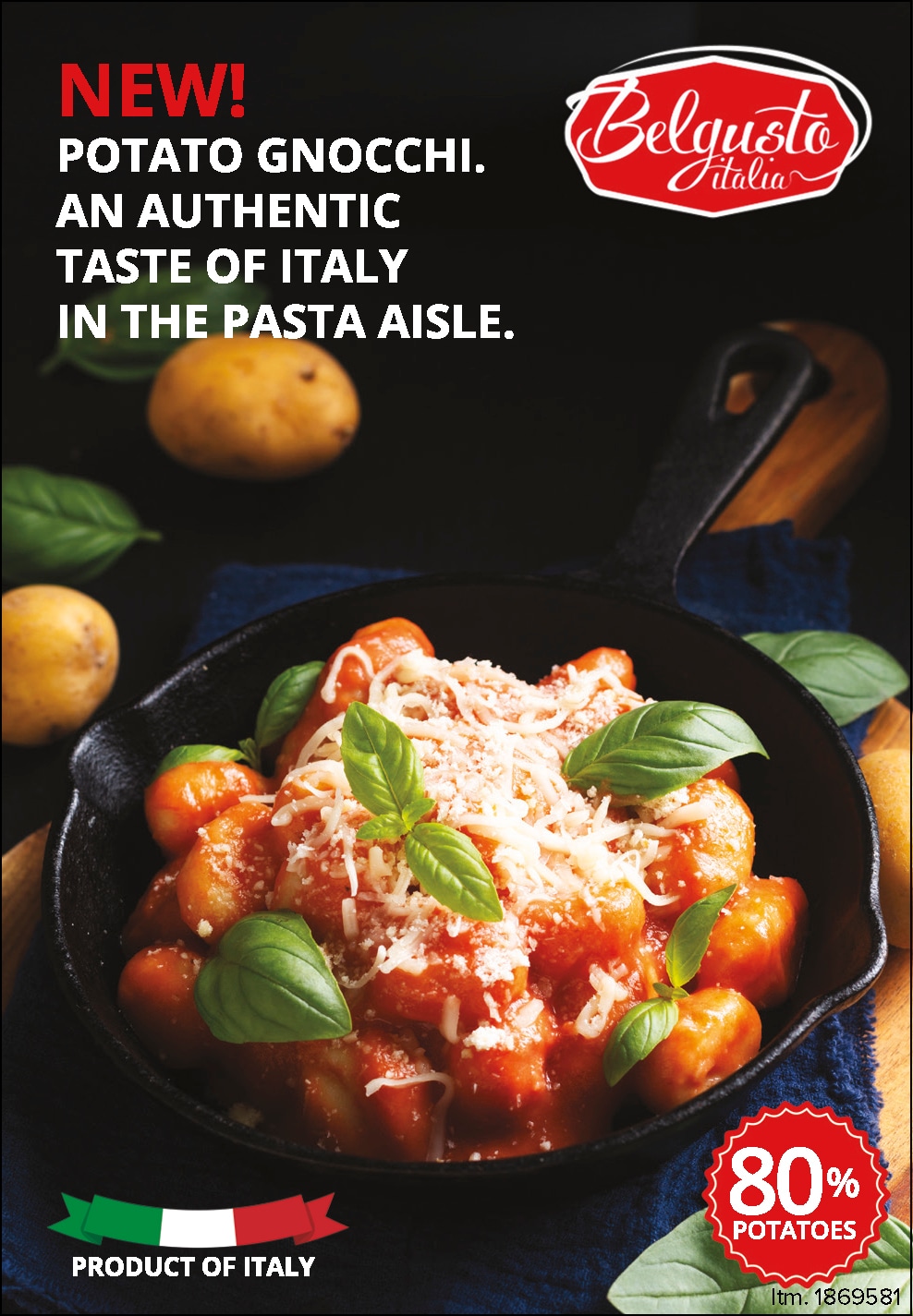 Ad for Belyusto Italian Potato Gnocchi, showing a dish topped with sauce and cheese, highlighted as new in the pasta aisle