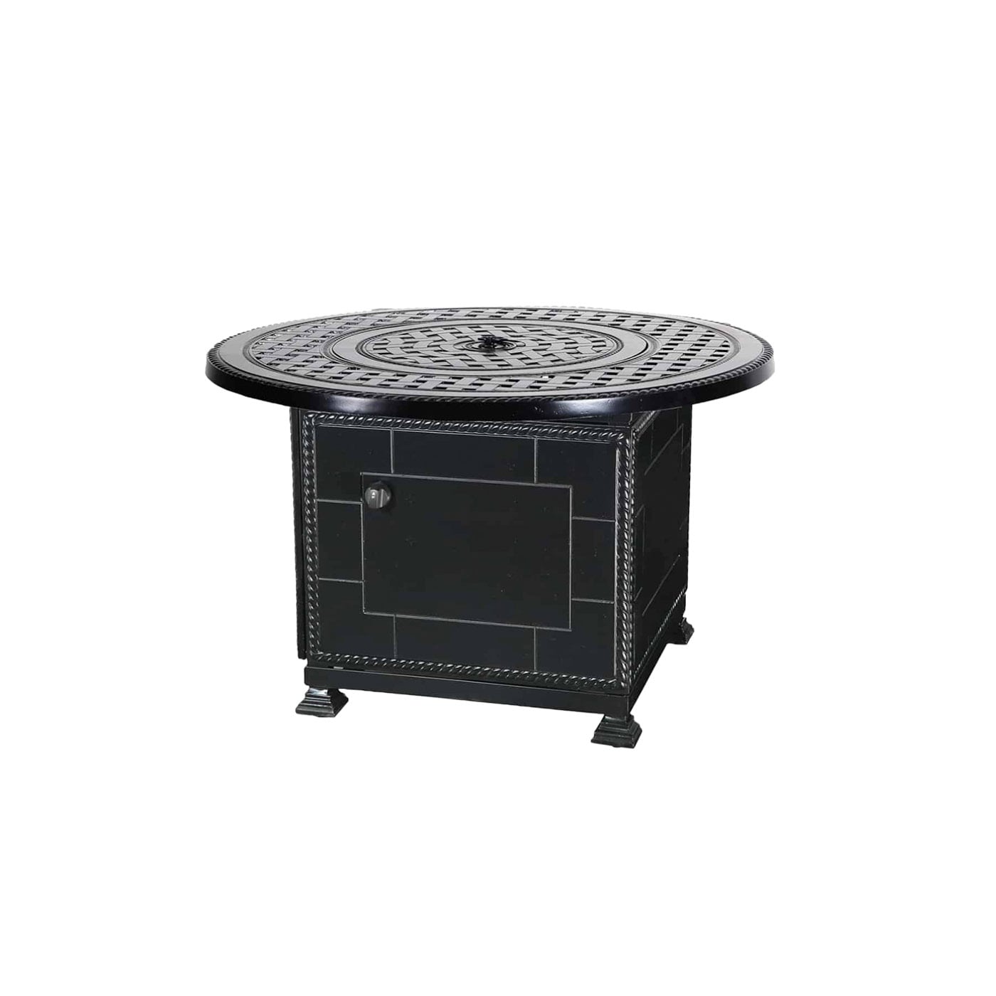 Black outdoor fire pit table with a closed cabinet base and circular patterned tabletop