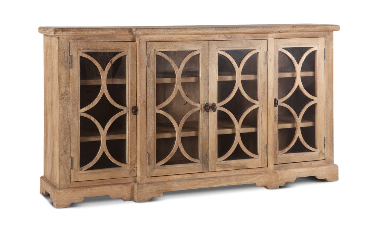 Wooden credenza with decorative glass doors and a natural finish