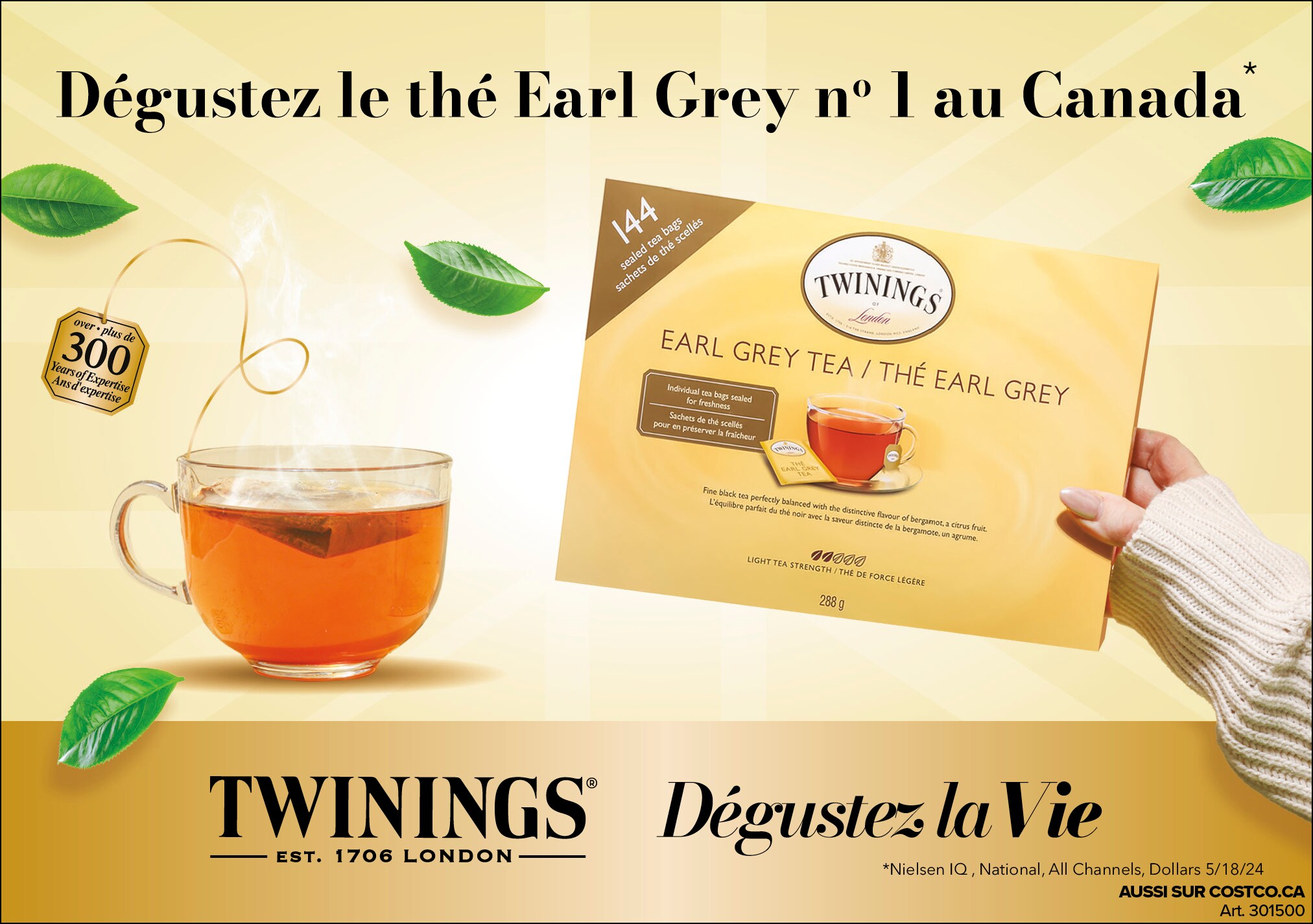 Publicité pour le thé Earl Grey n° 1 Twinings avec tasse de thé et emballage