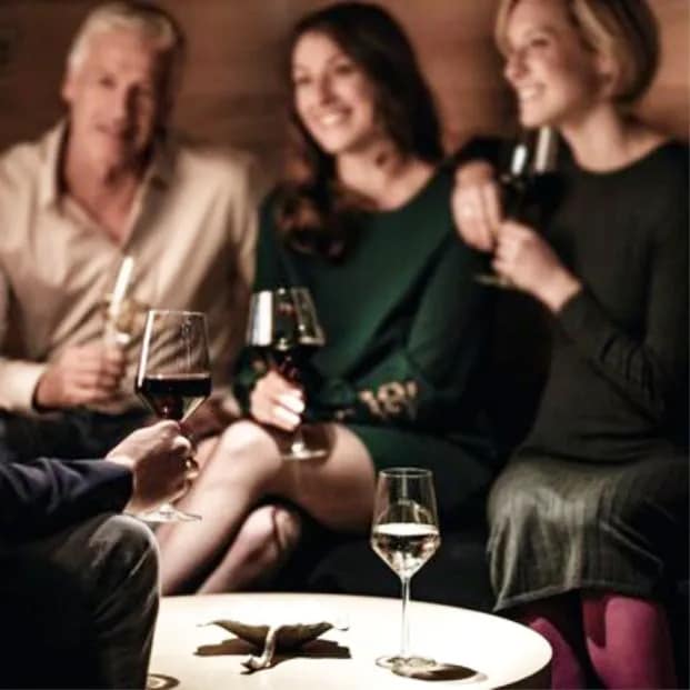 Four adults enjoying wine and conversation in a dimly lit room