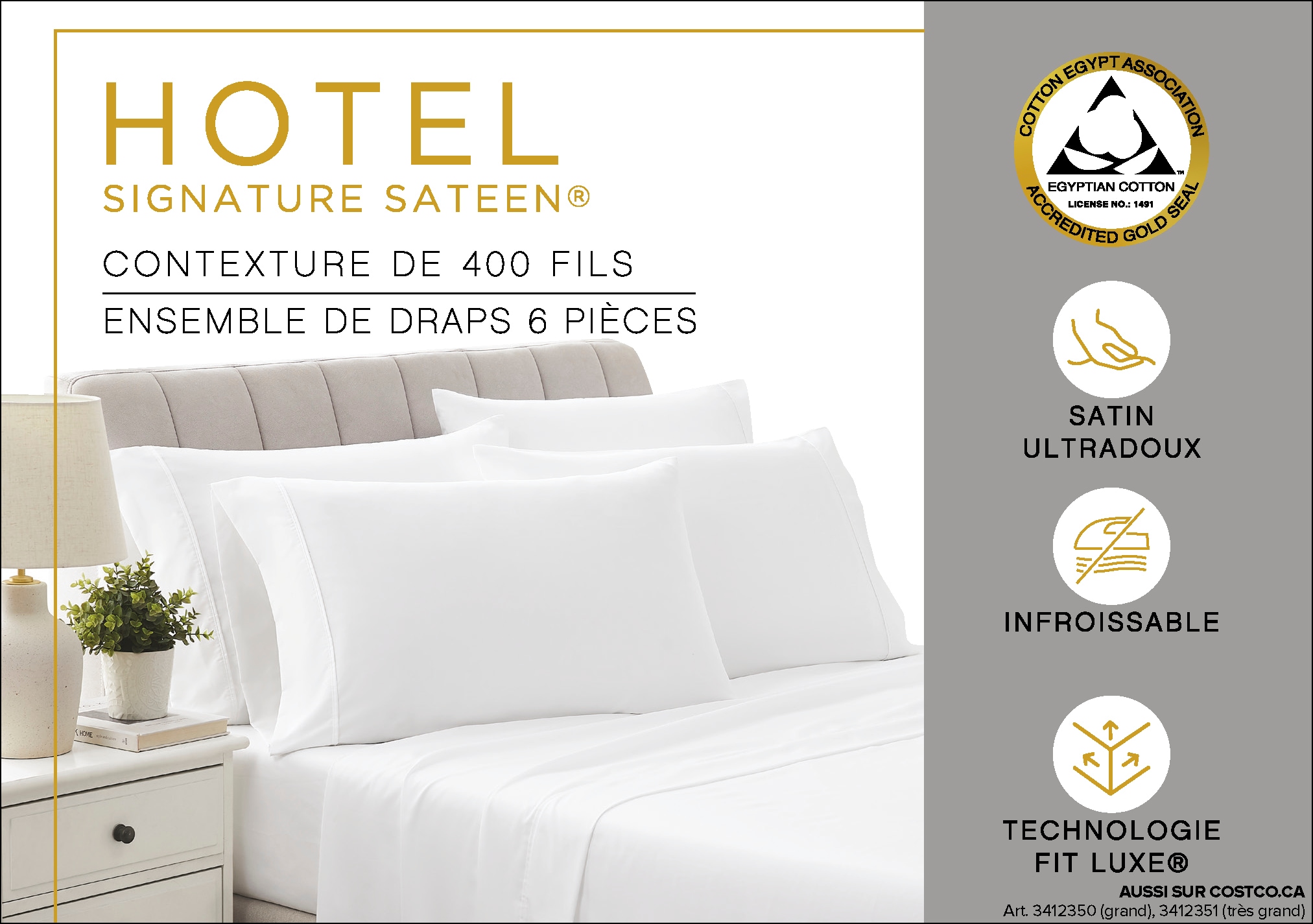 Publicité pour ensemble de draps Hotel Signature sateen de 400 fils, incluant des icônes de caractéristiques