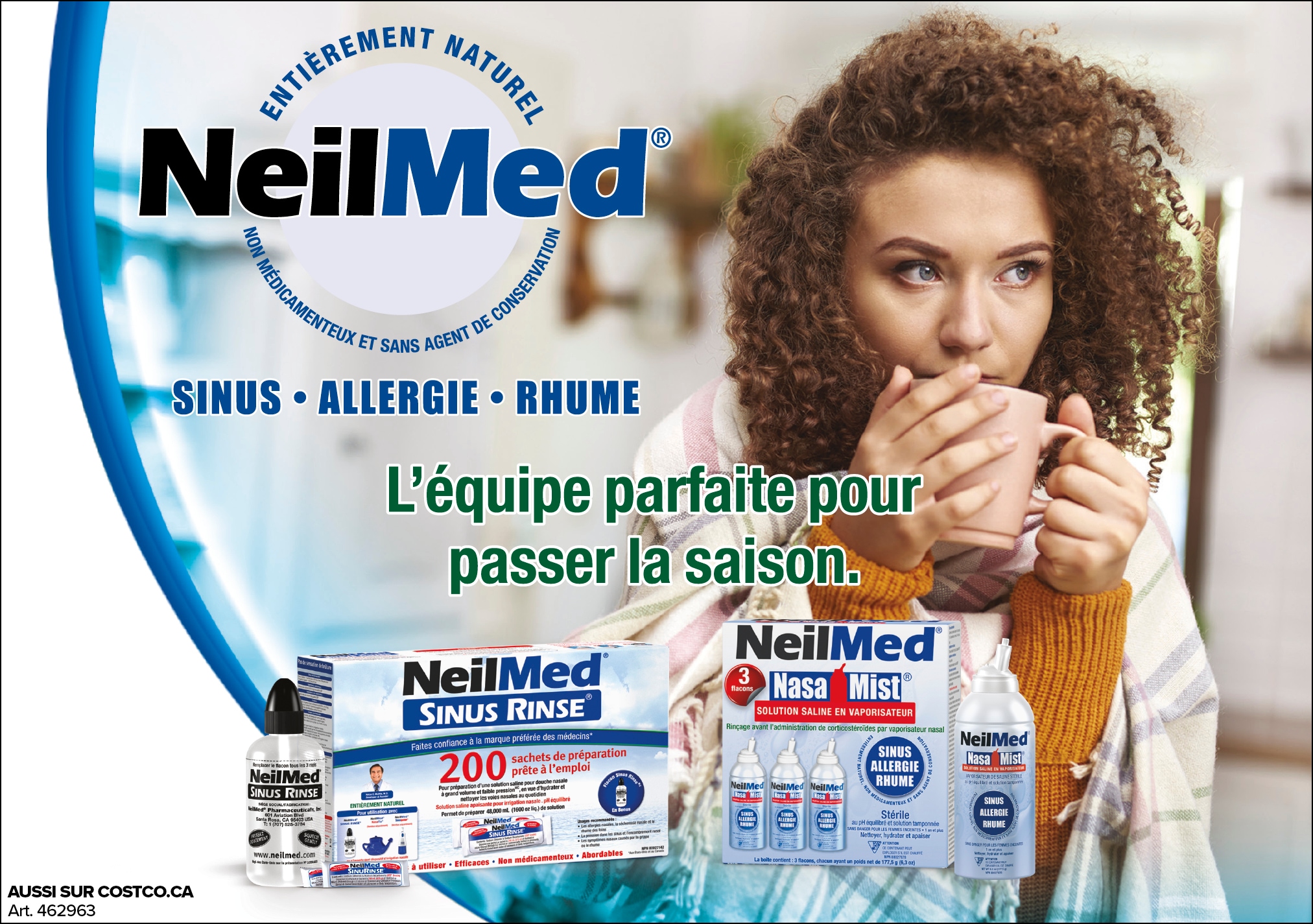 Publicité NeilMed montrant une femme utilisant un produit pour sinus, allergie et rhume