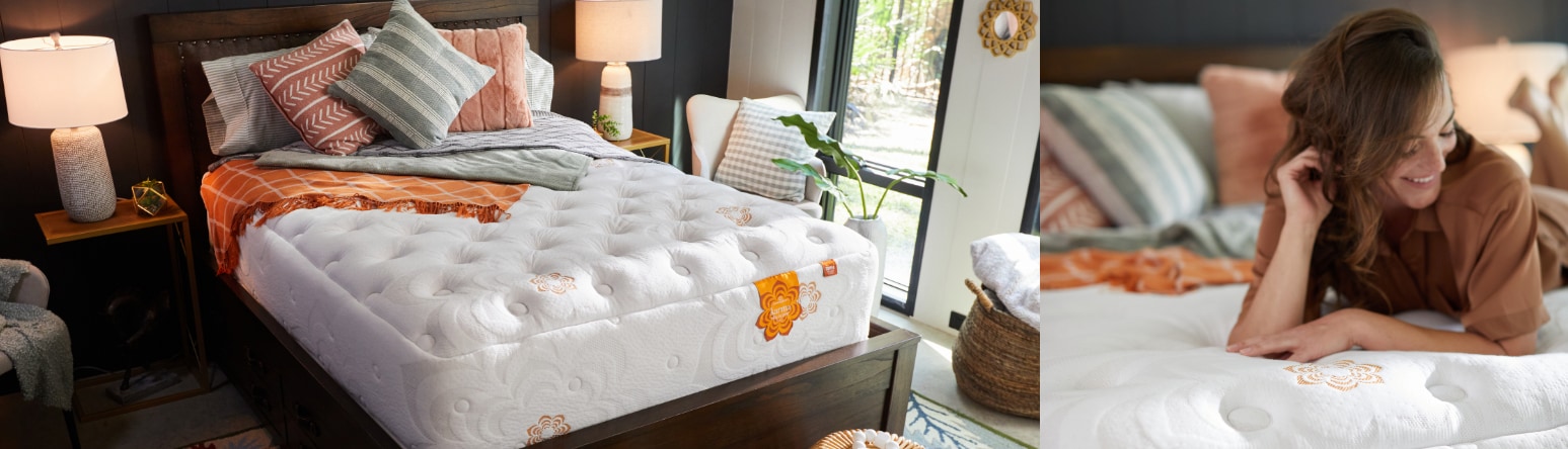 A triptych of a luxurious bedroom setup and a woman reading in bed