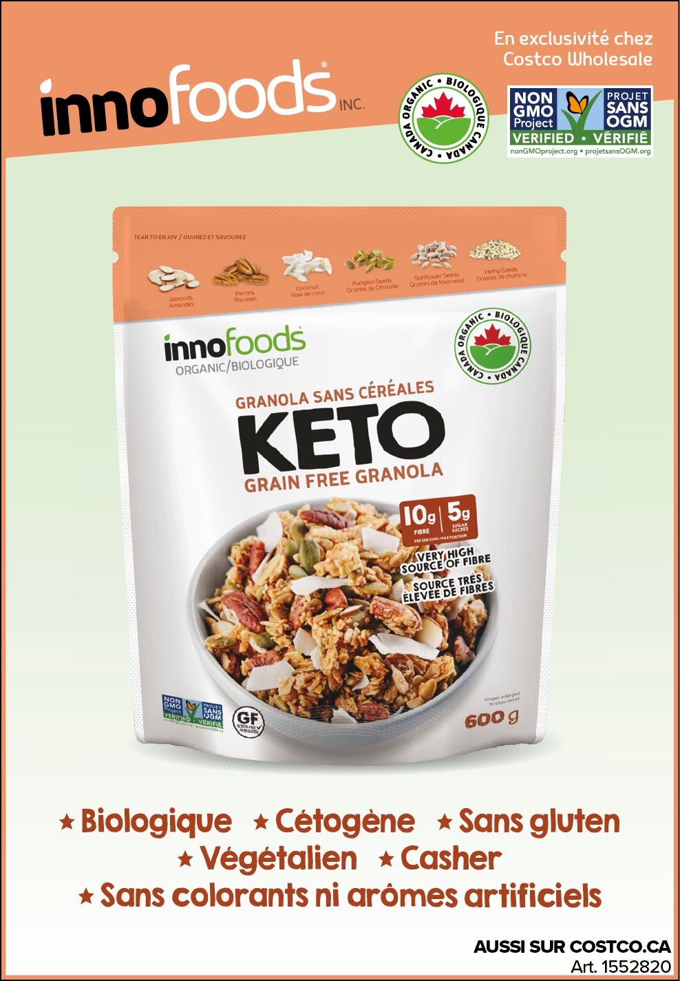 Publicité pour Innofoods granola keto bio, végétalien, sans gluten, et casher