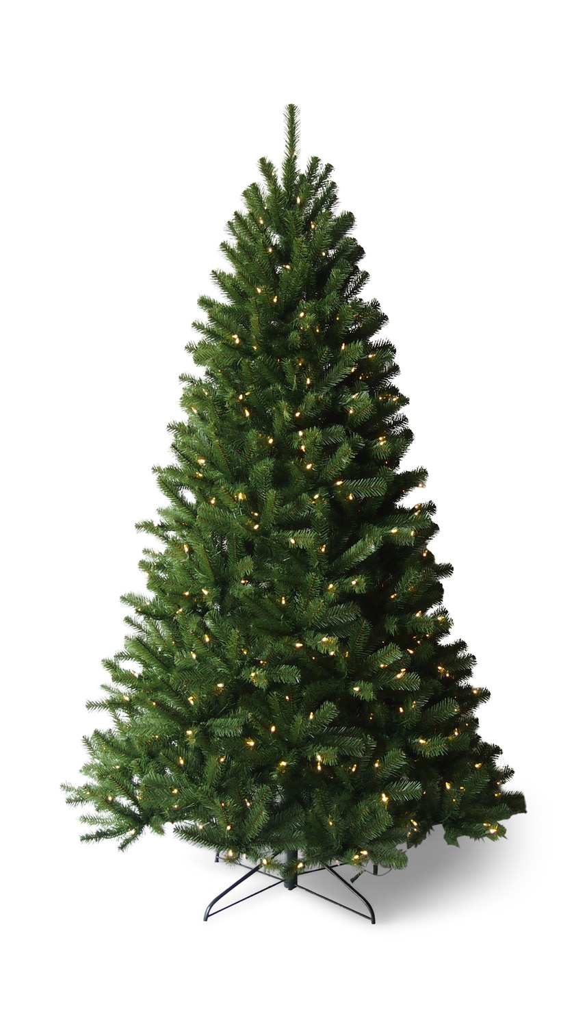 A tall artificial Christmas tree with lights on a white background