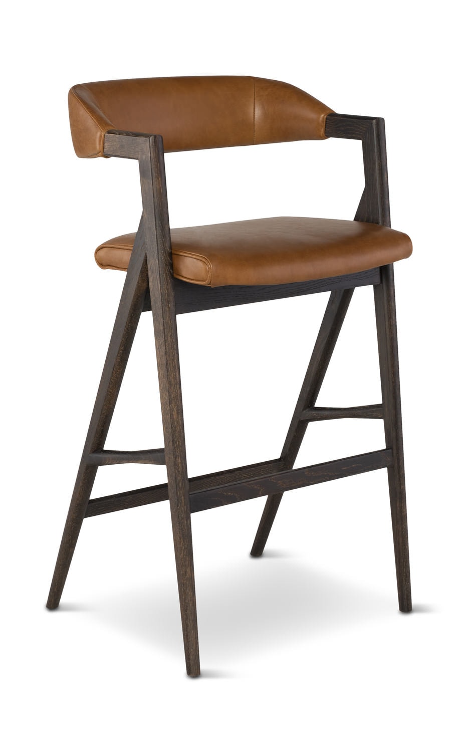 Modern bar stool with brown leather seat and dark wooden frame on a white background