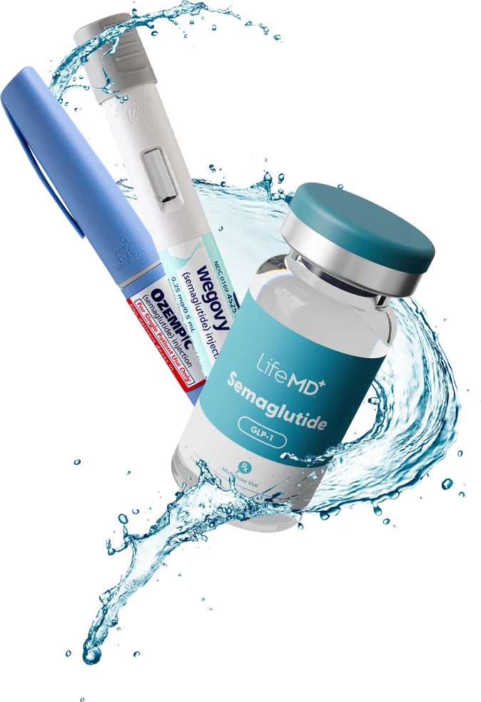 A vial of LifeMD Semaglutide with a syringe, surrounded by a splash of water