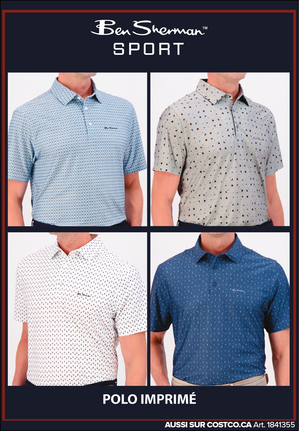 Publicité pour polos imprimés Ben Sherman Sport, quatre styles différents, disponible chez Costco