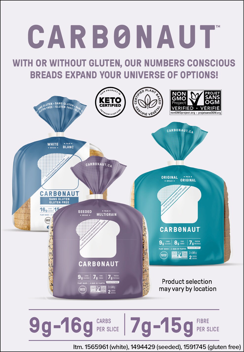 Ad for Carbonaut gluten-free and keto bread, showing four bread packages with nutritional info