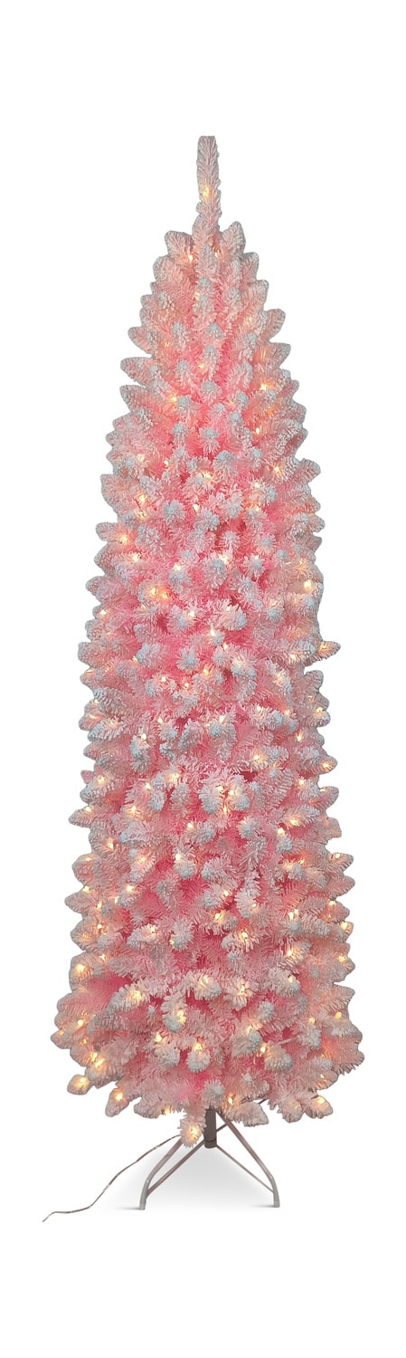 A slim, pre-lit artificial Christmas tree with a soft pink hue on a metal stand