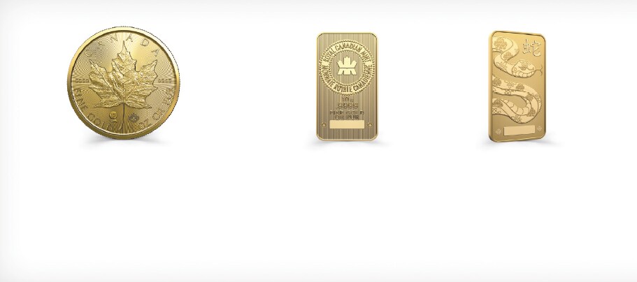 Three gold bullion products: one coin and two bars