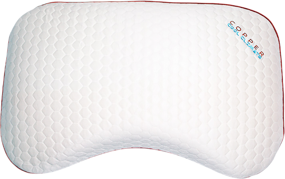White ergonomic memory foam pillow with a textured cover and blue branding