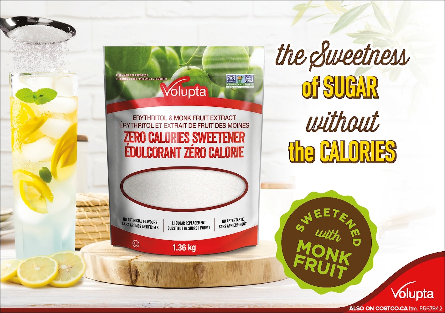 Ad for Volupta zero-calorie sweetener with monk fruit, showing the product beside a lemonade pitcher