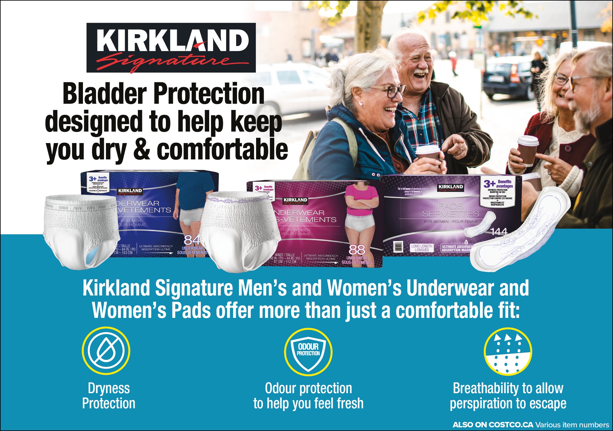 Ad for Kirkland Signature bladder protection underwear, with smiling elderly people in the background