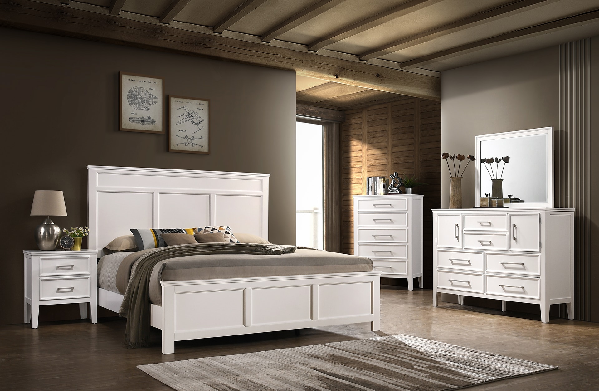 Elegant bedroom with a white bed set including nightstands and dressers, decorative mirror and framed art